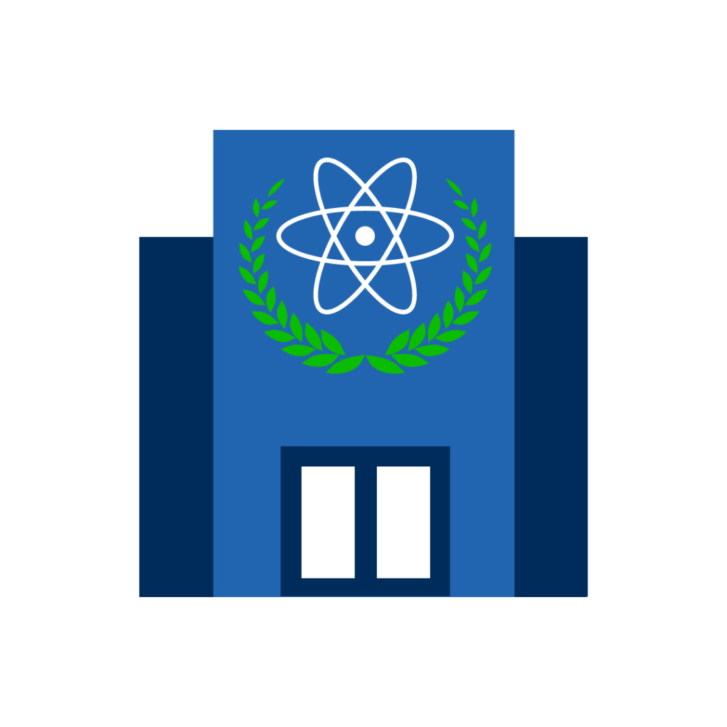 Illustration of a large building with a nuclear atom encircled by a garland wreath sign on the front.
