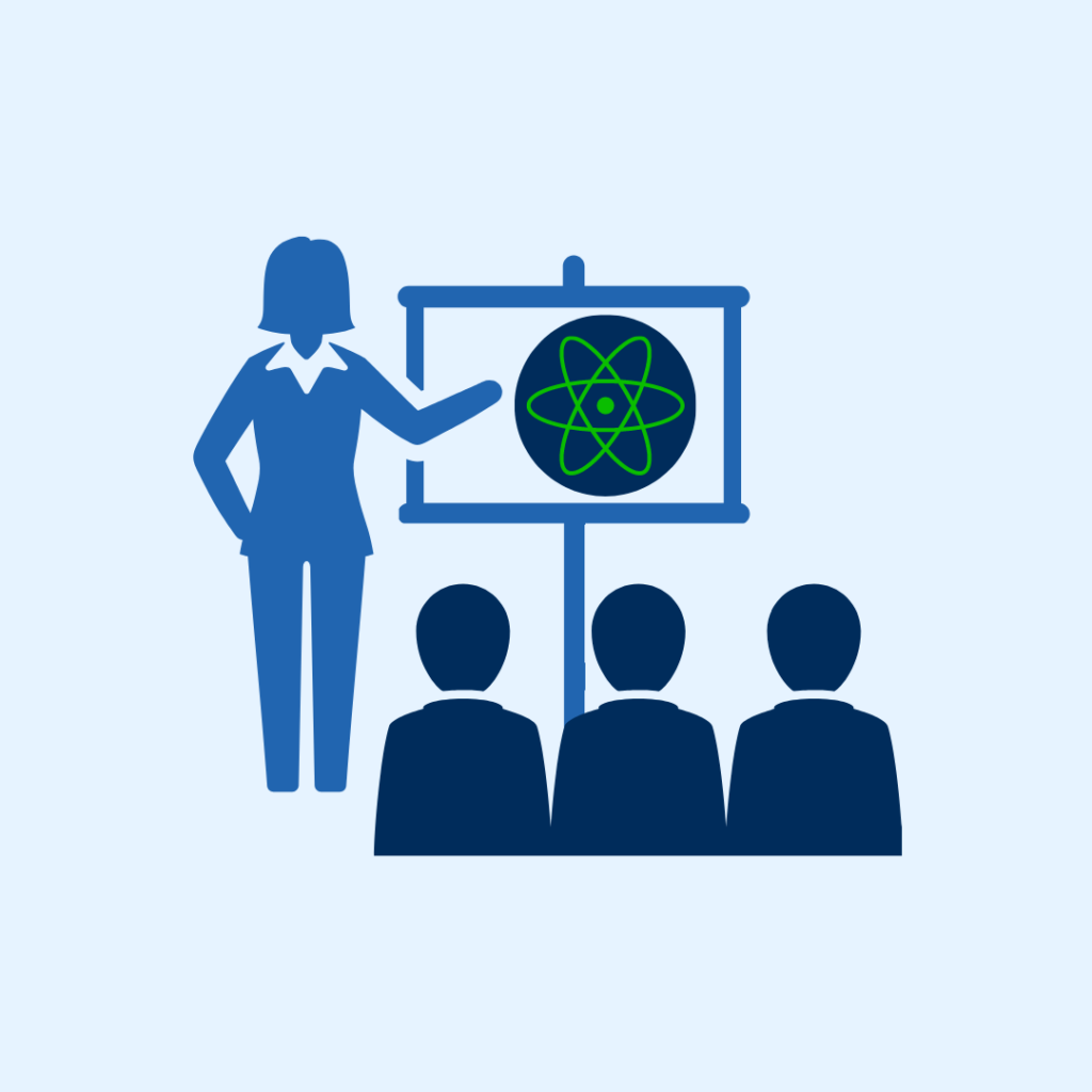 Illustration of a woman presenting information on nuclear energy to a group of people.