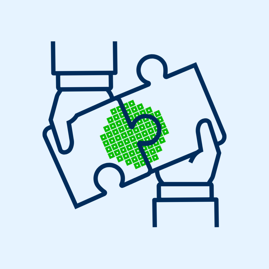 Illustration of two hands with each one holding a puzzle piece that fits with the other one to complete a top-down illustration of a reactor core.
