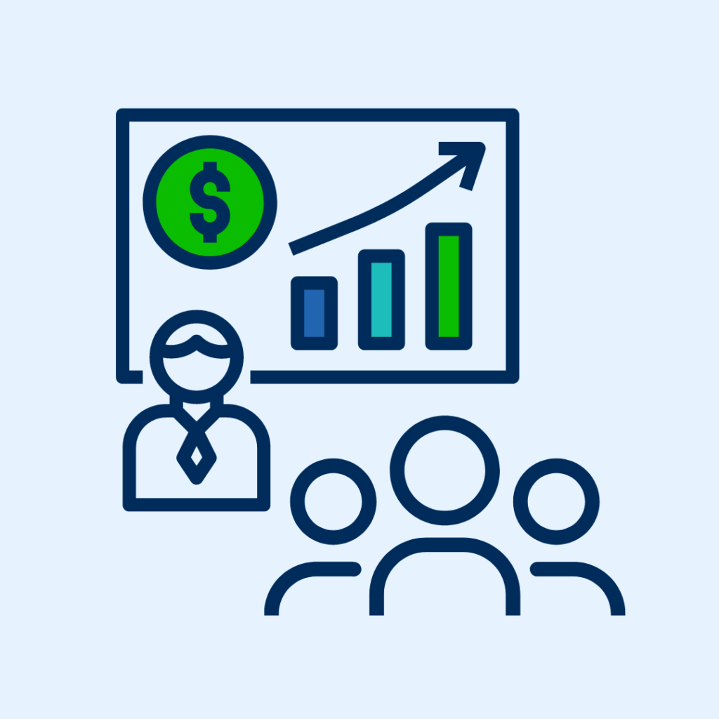 Simple line illustration of a person presenting a chart showing positive growth of monetary profit to a group of people.