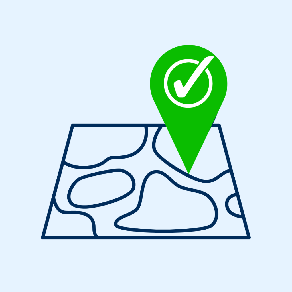 Illustration of a generic map with a green marker with a checkmark.